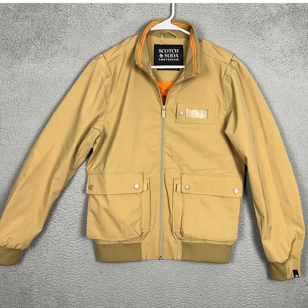 Scotch Soda Bomber Jacket Mens Small Tan Full Zip Utility Pocket Long Sleeve EUC
